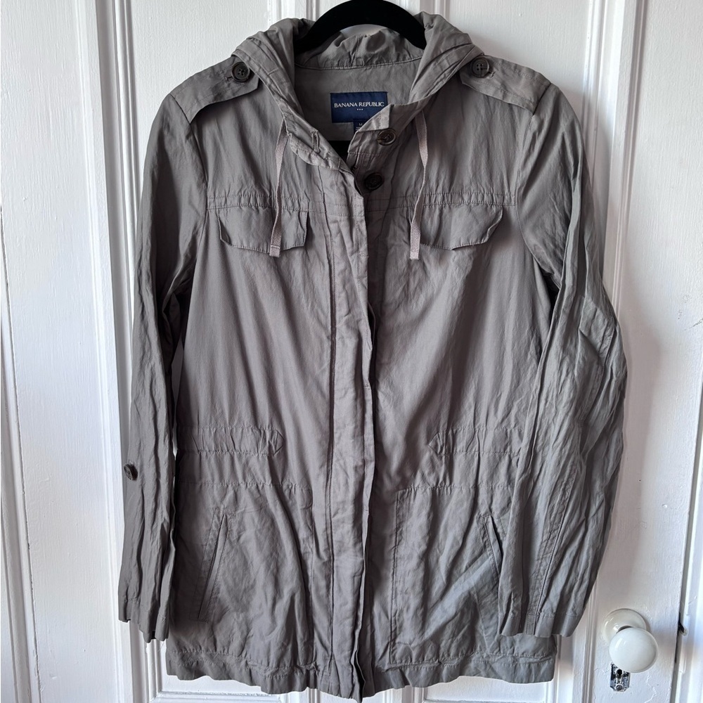 Banana Republic Women’s Grey/Green Button/Zip Utility Jacket Pockets, Hood M